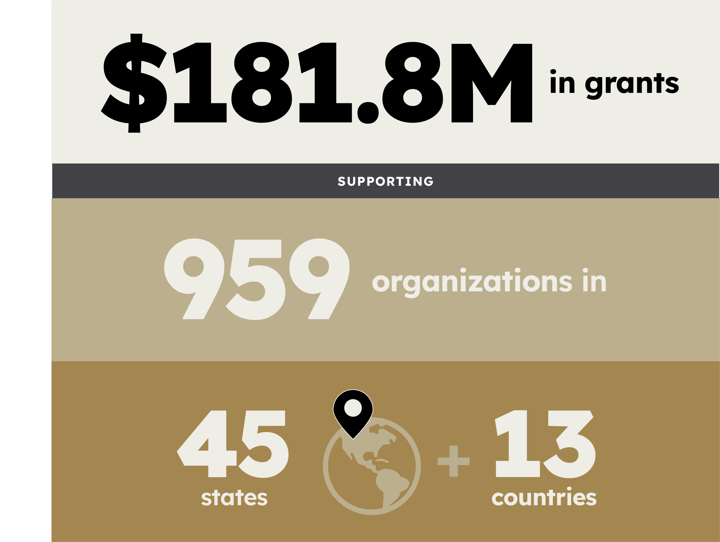 Foundation X total impact in grants, organizations, and worldwide